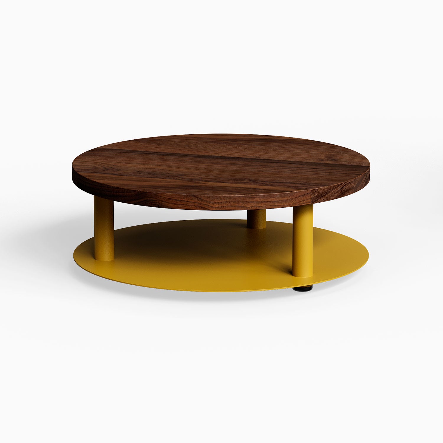 Ledger Coffee Table with a round solid hardwood walnut top and contrasting mustard yellow steel base designed for stylish, functional living spaces.