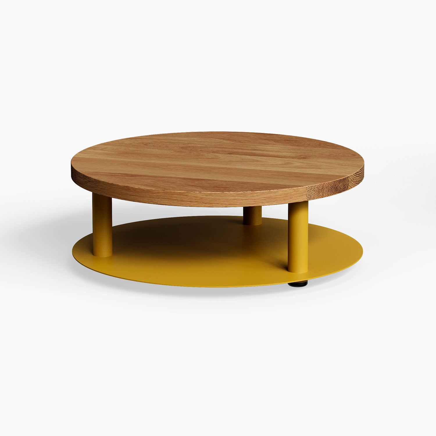 Ledger Coffee Table with a round solid hardwood top and mustard yellow metal base, showcasing a minimalist functional design.