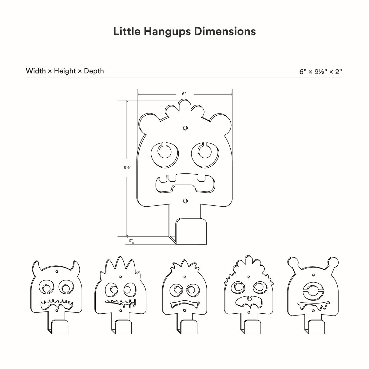 Little Hangups dimensions diagram showing five character shaped wall hooks, with measurements of 6 by 9 and one half by 2 inches