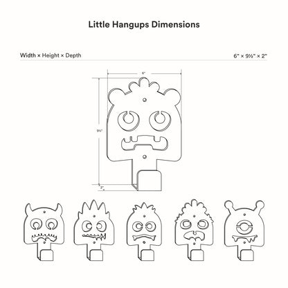 Little Hangups dimensions diagram showing five character shaped wall hooks, with measurements of 6 by 9 and one half by 2 inches