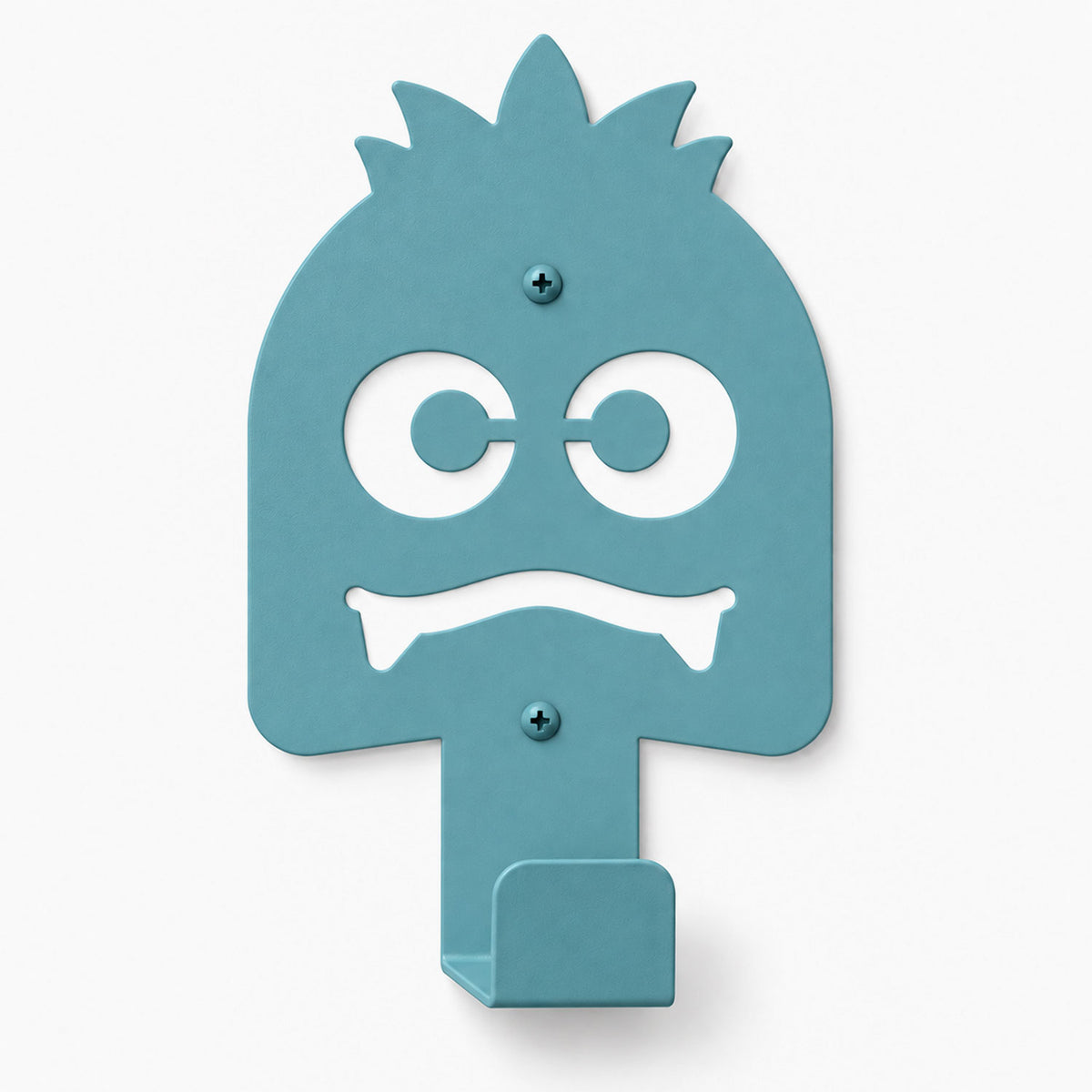 Little Hangups teal monster wall hook with playful eyes and teeth for hanging everyday items