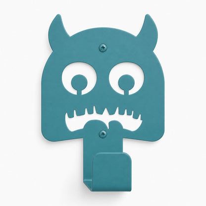 Little Hangups teal monster wall hook with playful horns and teeth design for organizing coats bags and accessories