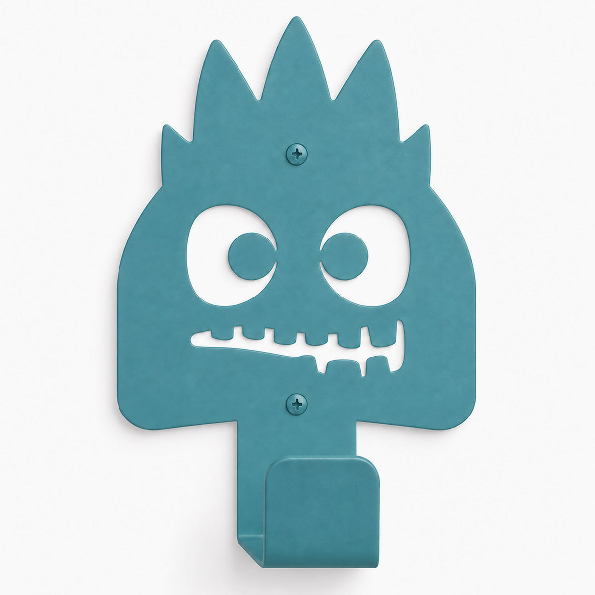 Little Hangups teal monster wall hook with playful eyes and teeth for fun organization in a child's room