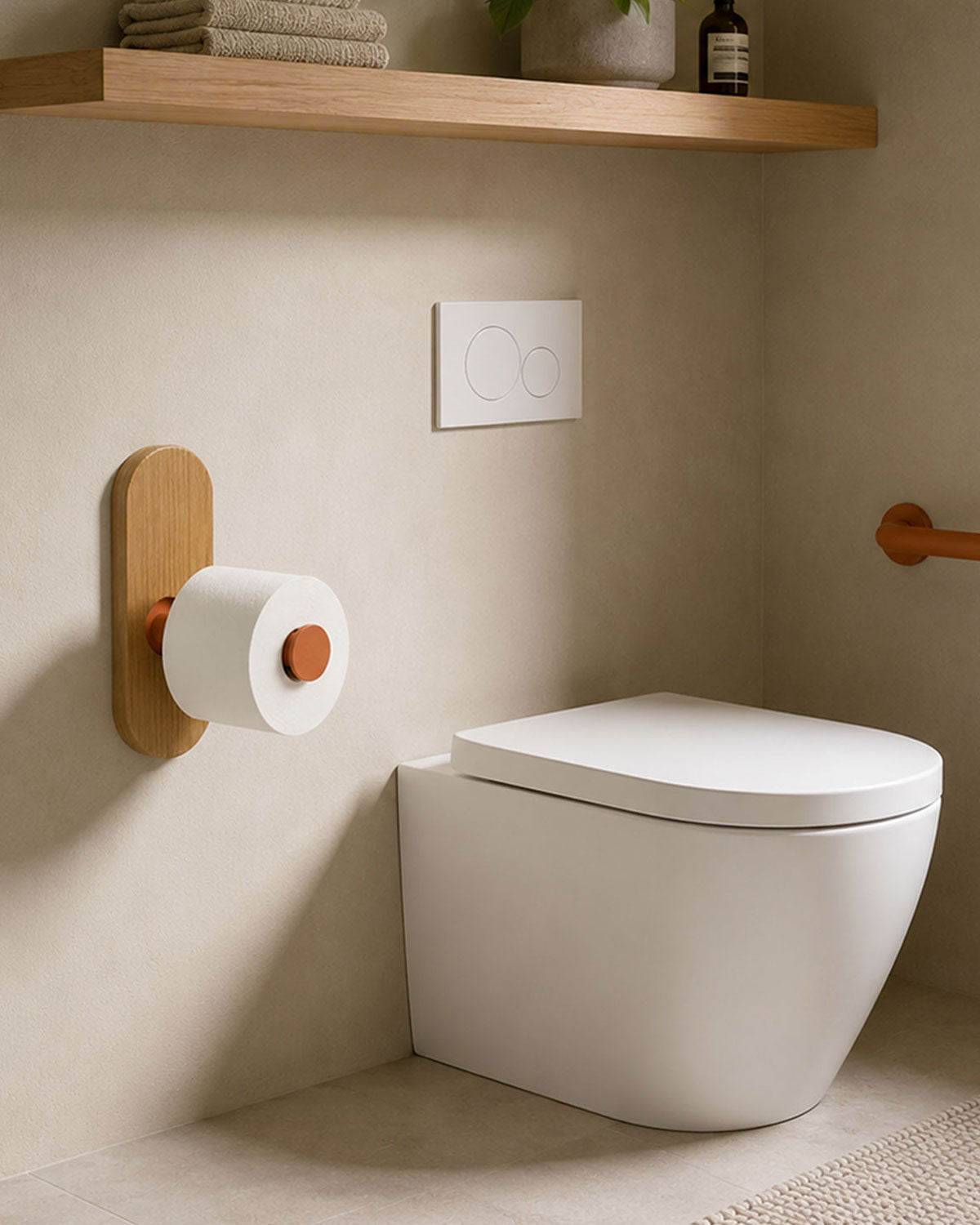 Minimalist bathroom with a wall mounted toilet, wooden toilet paper holder, floating shelf with folded towels, and flush plate