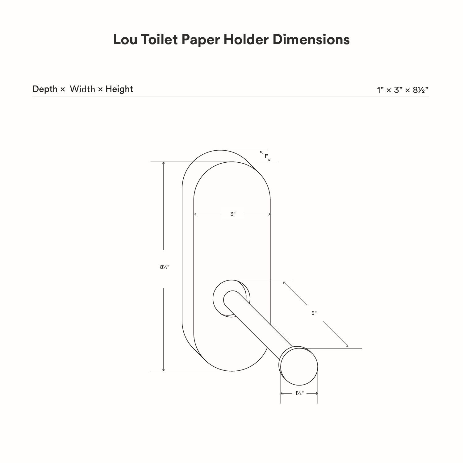 Technical line drawing showing measurements of the Lou Toilet Paper Holder with a minimalist design focused on maximizing wall space.
