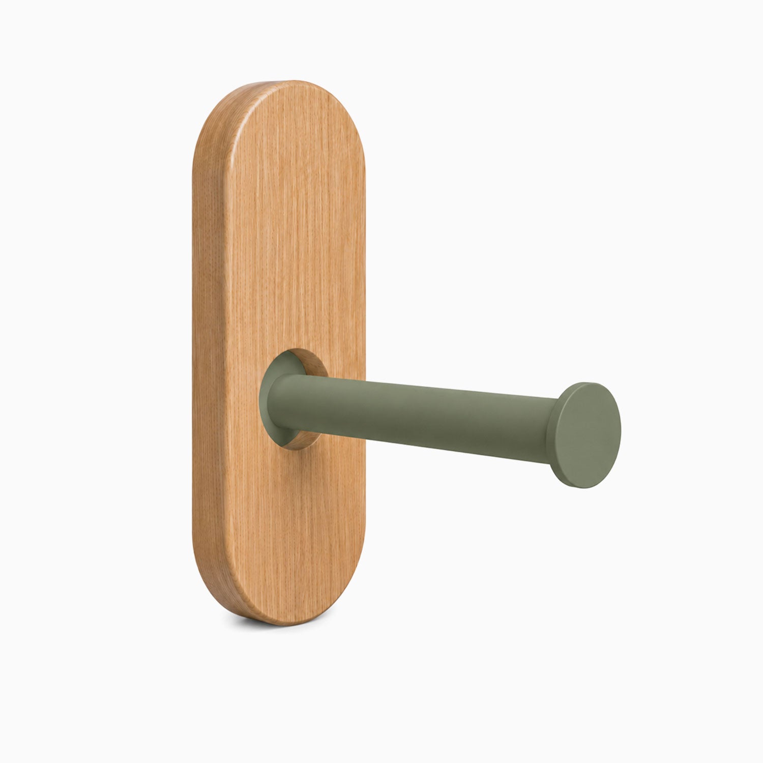 Lou Toilet Paper Holder featuring a minimalist solid hardwood backplate with an olive green metal arm, designed for functional wall organization.
