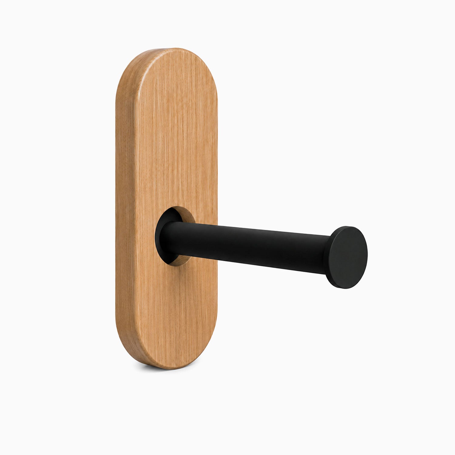 Lou Toilet Paper Holder featuring a minimalist black metal arm combined with a solid hardwood wall mount, perfect for organized wall spaces.