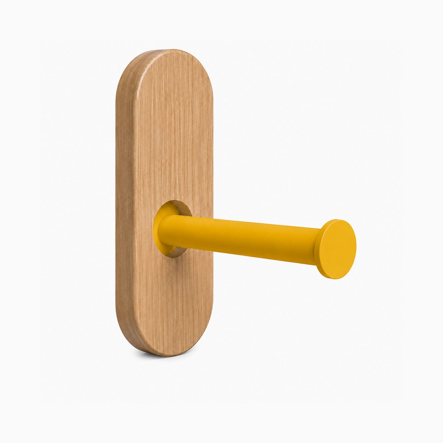Lou Toilet Paper Holder featuring a minimalist solid hardwood backplate and a honey mustard steel arm, designed for functional wall storage.