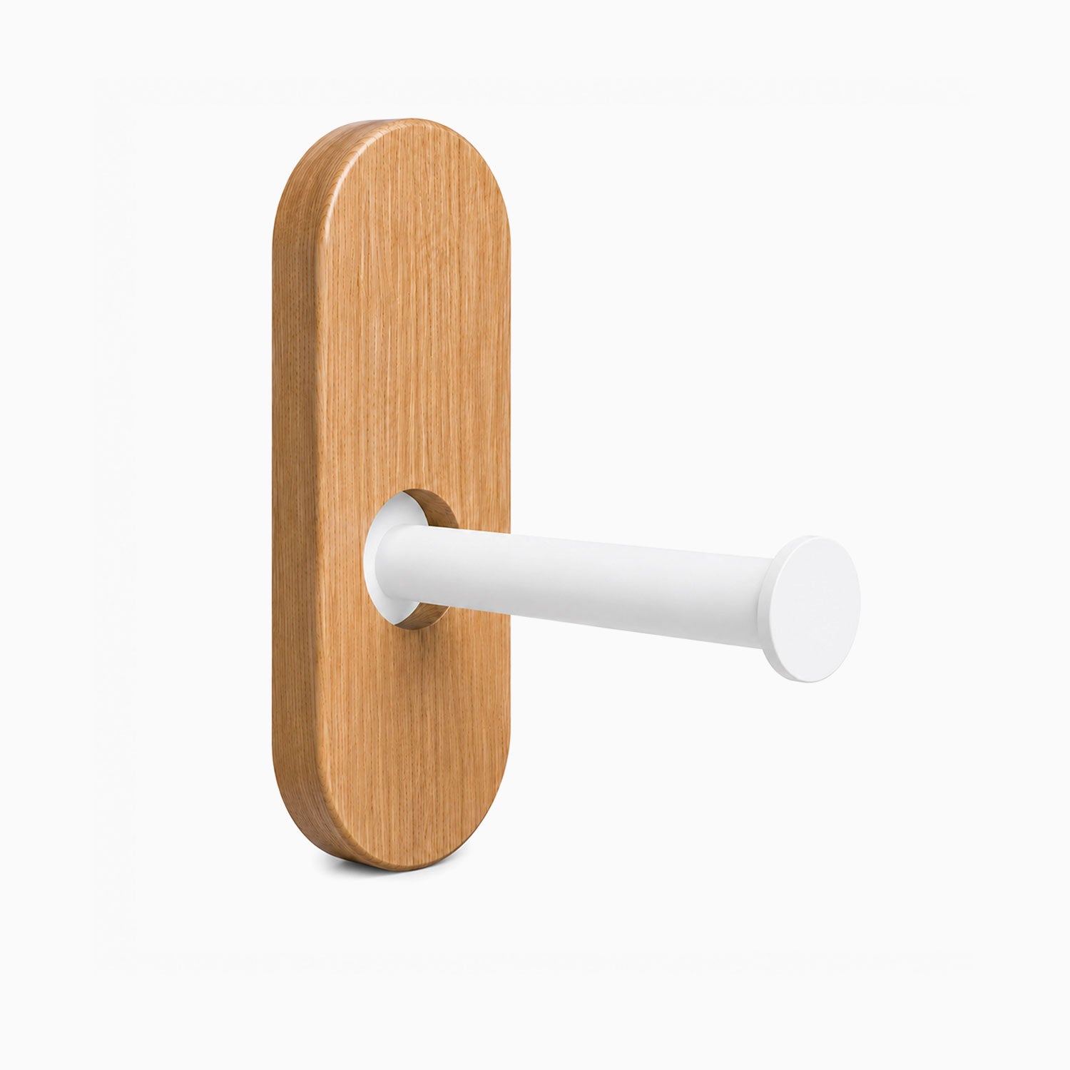 Lou Toilet Paper Holder with a solid hardwood back plate and white metal rod, designed for minimalist and functional bathroom organization.