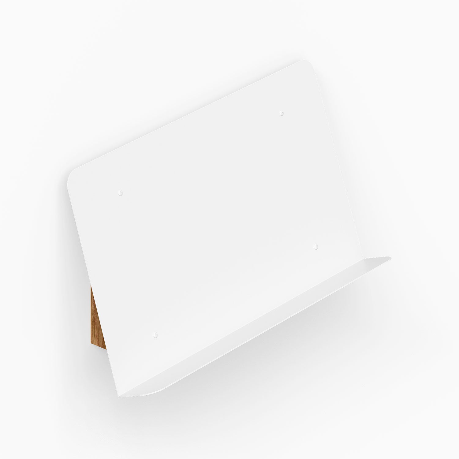 The Edit Book +Magazine Display in white with minimalist design, featuring a steel ledge and wood back support for wall organization.