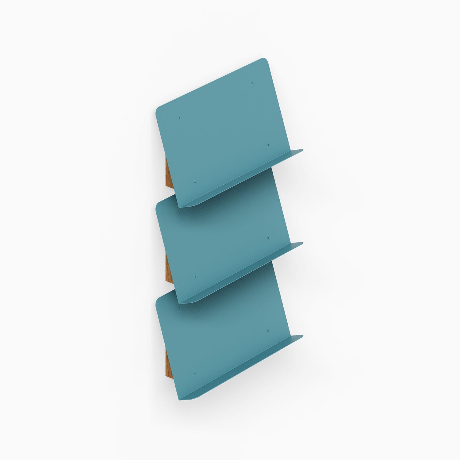The Edit Book +Magazine Display in a minimalist blue steel design with three angled shelves for organized wall display and easy access.