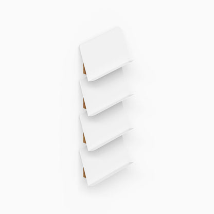 The Edit Book +Magazine Display in white features four sleek angled shelves for organizing and showcasing books and magazines with minimalist style.