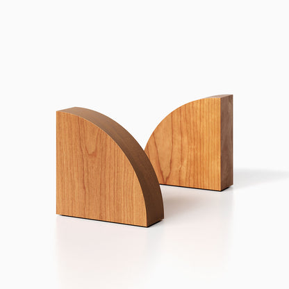 The Maggie Radius Product (Walnut finish) pictured against a white background. Two bookends positioned in the center, one slightly off center, in front of the other.