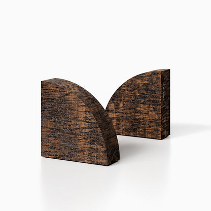 The Maggie Radius Product (espresso rustic finish) pictured against a white background. Two bookends positioned in the center, one slightly off center, in front of the other.