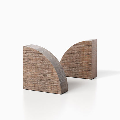 The Maggie Radius Product (hatch grey rustic finish) pictured against a white background. Two bookends positioned in the center, one slightly off center, in front of the other.