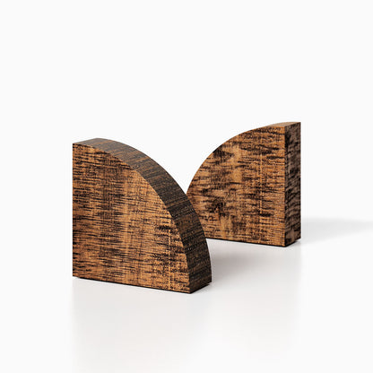The Maggie Radius Product (nutmeg rustic finish) pictured against a white background. Two bookends positioned in the center, one slightly off center, in front of the other.