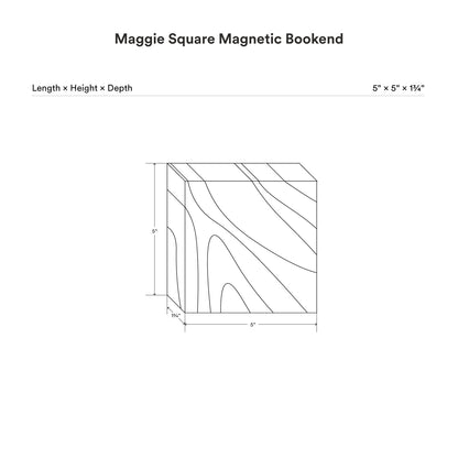 dimensional drawing of a the Maggie Square product 5 inches by 5 inches by 1 3/4 inches described.