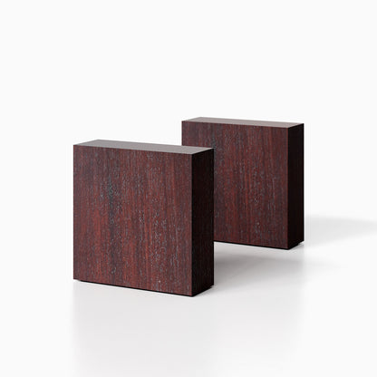 The Maggie Square Product (dutch mocha finish) pictured against a white background. Two bookends positioned in the center, one slightly off center, in front of the other.