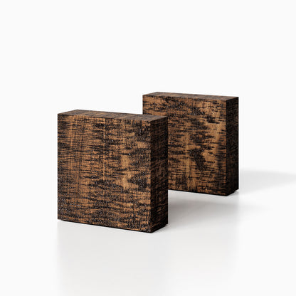 The Maggie Square Product (espresso rustic finish) pictured against a white background. Two bookends positioned in the center, one slightly off center, in front of the other.
