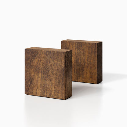 The Maggie Square Product (espresso finish) pictured against a white background. Two bookends positioned in the center, one slightly off center, in front of the other.