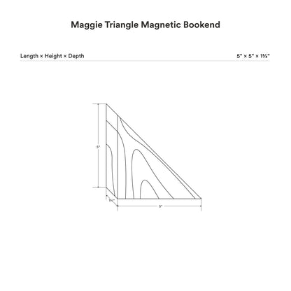 dimensional drawing of a Maggietriangle product 5 inches by 5 inches by 1 3/4 inches described.
