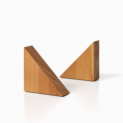 The Maggie triangle Product (alder finish) pictured against a white background. Two bookends positioned in the center, one slightly off center, in front of the other.