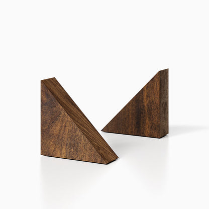 The Maggie triangle Product (espresso finish) pictured against a white background. Two bookends positioned in the center, one slightly off center, in front of the other.