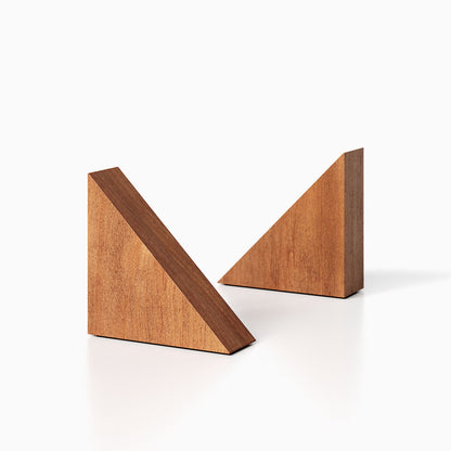 The Maggie triangle Product (nutmeg finish) pictured against a white background. Two bookends positioned in the center, one slightly off center, in front of the other.