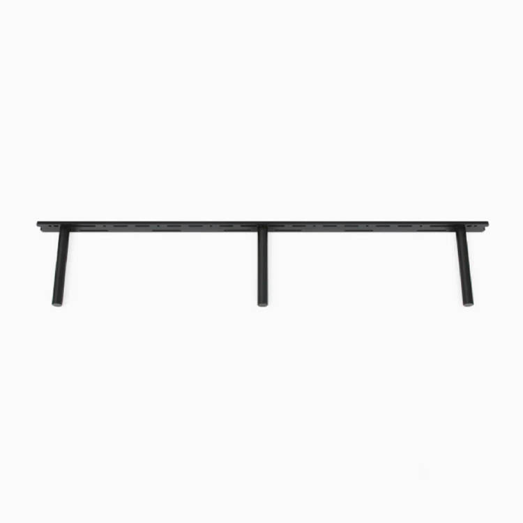 Black metal floating mantel bracket with three vertical support arms designed for durable, minimalist wall-mounted fireplace shelves.