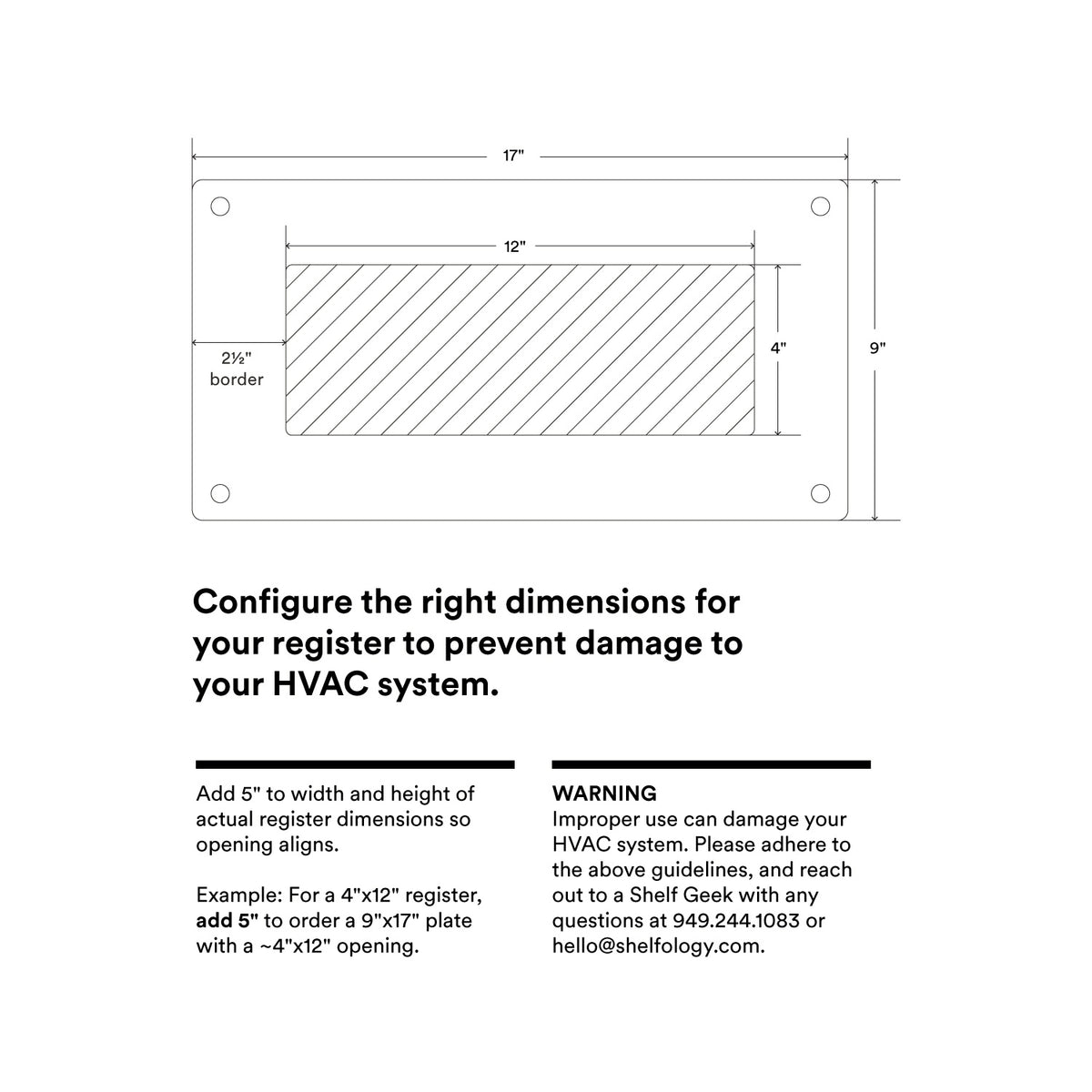 Felix Vent Cover measurement diagram showing 17 inch by 9 inch plate, 12 inch by 4 inch opening, and 2.5 inch border guidance