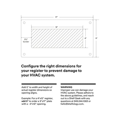 Felix Vent Cover measurement diagram showing 17 inch by 9 inch plate, 12 inch by 4 inch opening, and 2.5 inch border guidance
