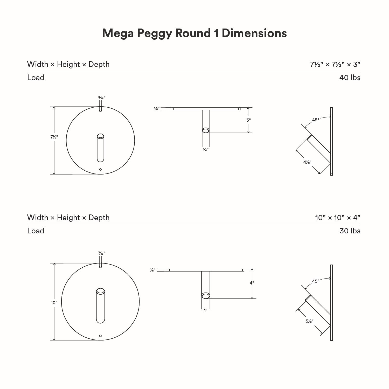 Mega Peggy Round 1 Wall Hook with two size options, detailed dimensions and load capacities for versatile wall organization