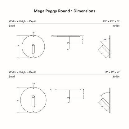 Mega Peggy Round 1 Wall Hook with two size options, detailed dimensions and load capacities for versatile wall organization