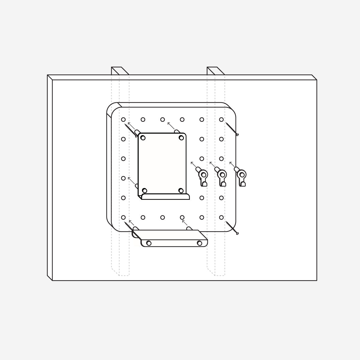 Technical line drawing of a wall mounted bracket assembly with perforated plates, mounting tabs, and projecting support arms