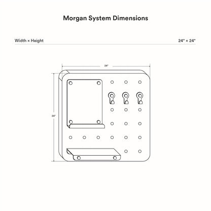 Diagram of the 24 by 24 inch Morgan Busy Bee Pegboard Set showing layout with hooks, a shelf, and a small ledge for organizing tools or decor on a wall display system.