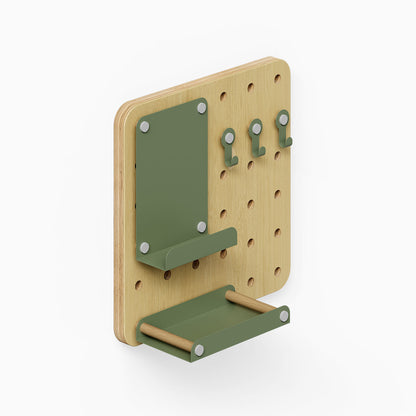 Morgan Busy Bee Pegboard Set with light wood base and olive green metal hooks, shelf, and small ledge for versatile wall organization.