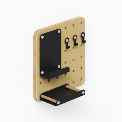 Morgan Busy Bee Pegboard Set with mixed-material wood and black metal hooks, shelves, and display ledges for versatile wall organization.