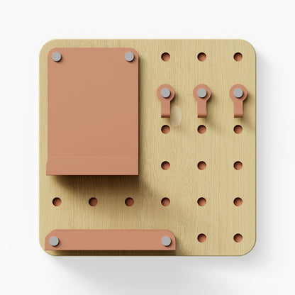 Morgan Busy Bee Pegboard Set with wood and steel construction, featuring hooks, a small shelf, and a ledge for wall organization and display.