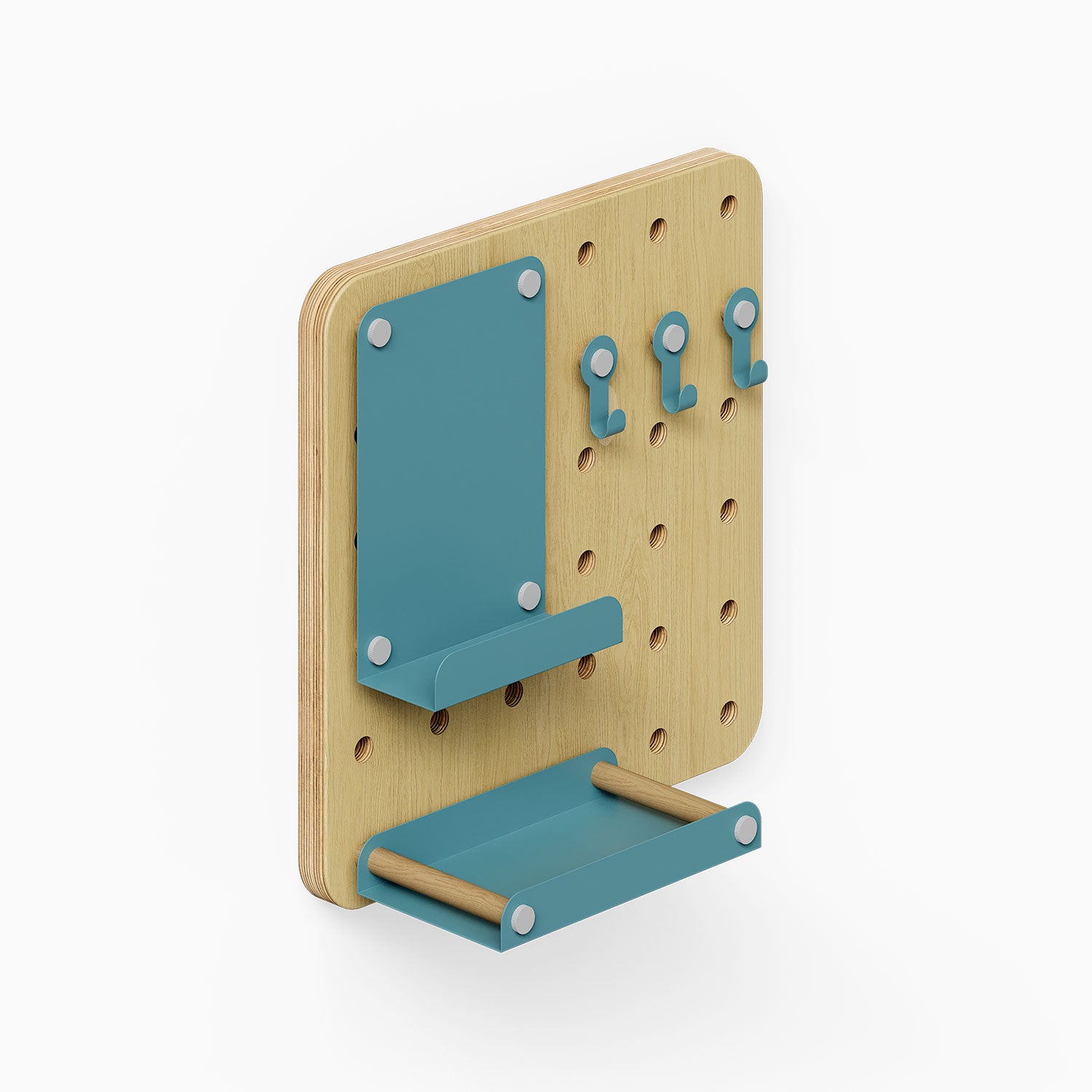 Morgan Busy Bee Pegboard Set with natural wood board and teal metal shelves and hooks for versatile wall organization and display.