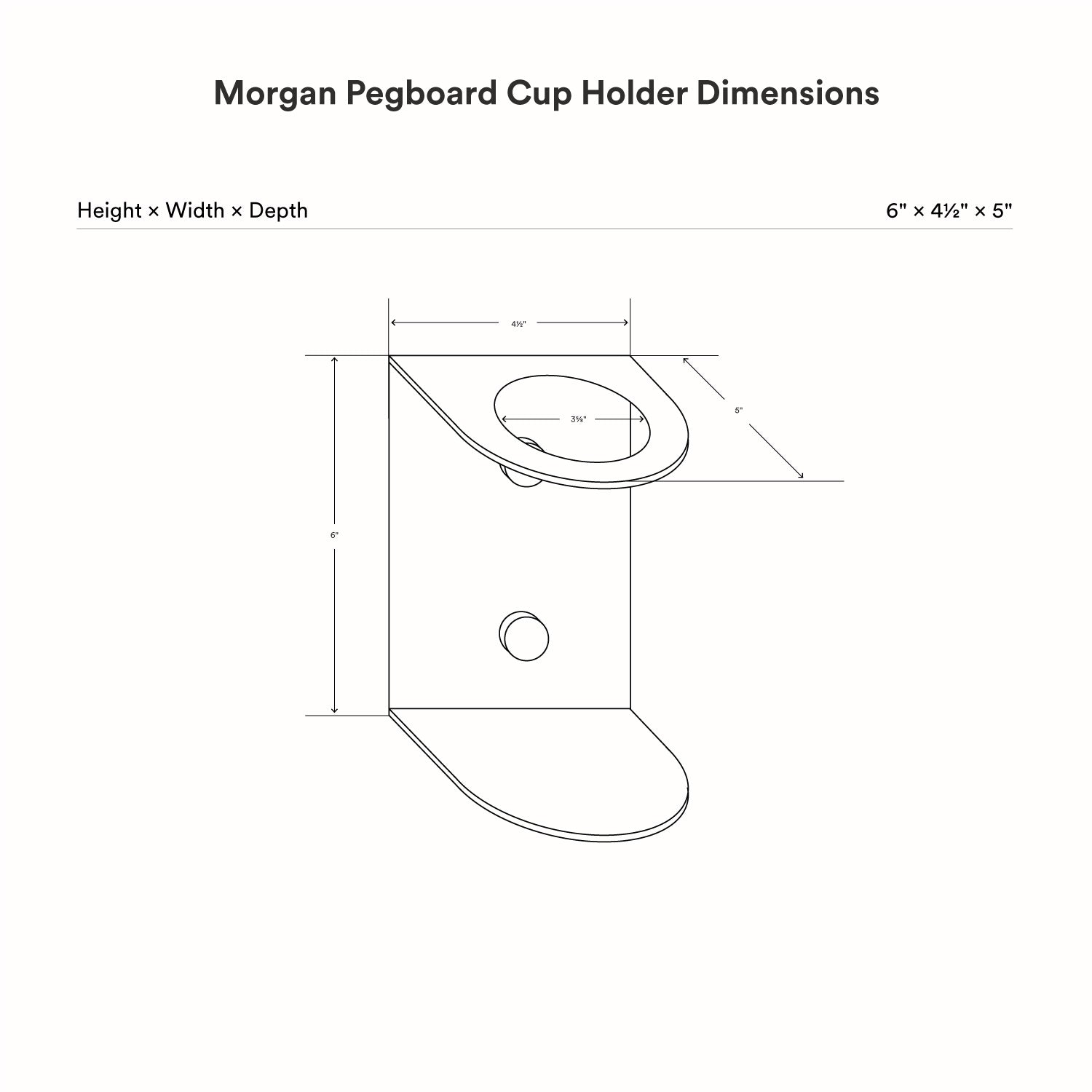 Technical line drawing showing dimensions of the Morgan Magnetic Pegboard Cup Holder with height, width, and depth measurements in minimalist style.