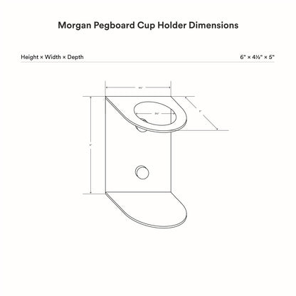 Technical line drawing showing dimensions of the Morgan Magnetic Pegboard Cup Holder with height, width, and depth measurements in minimalist style.