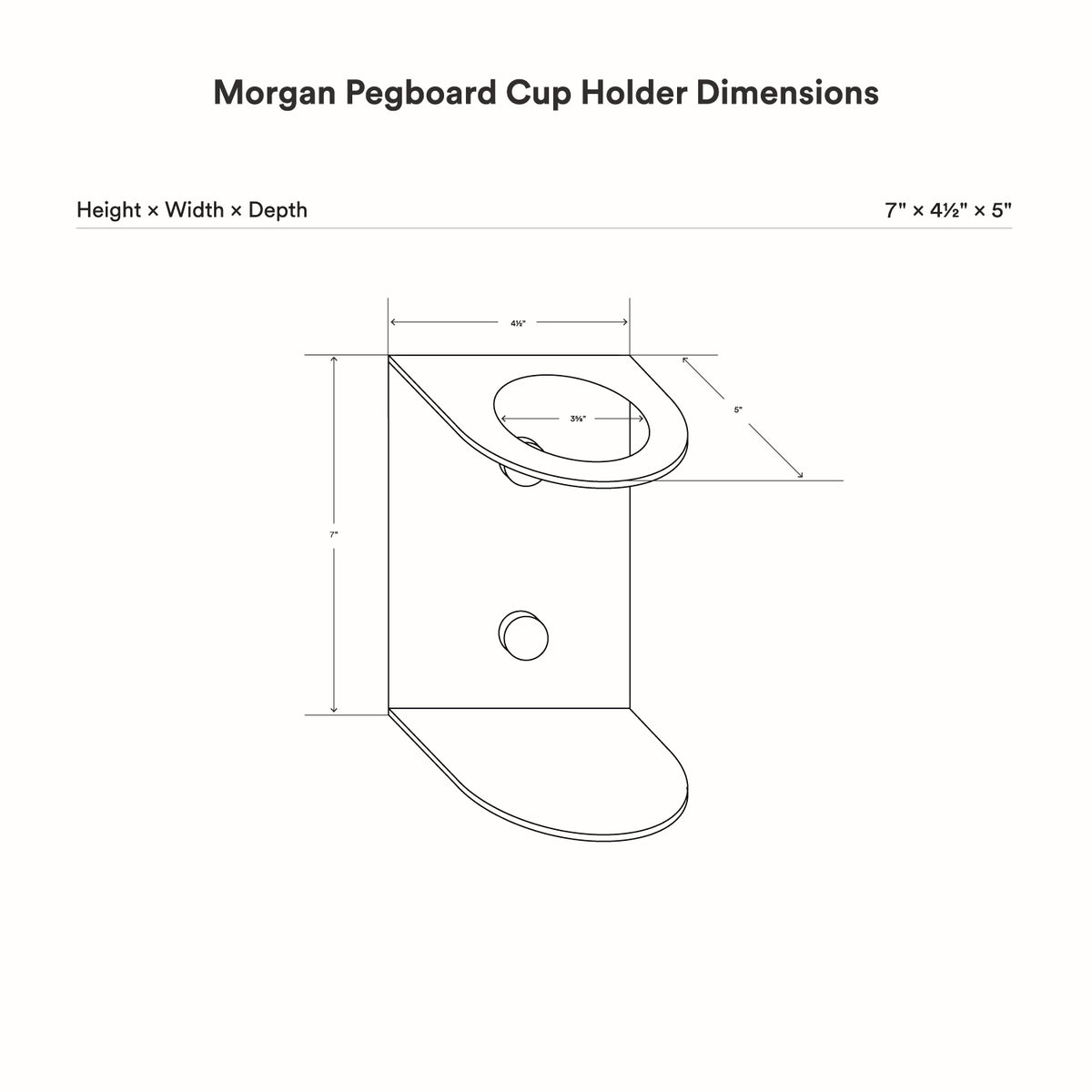 Morgan Magnetic Pegboard Cup Holder dimensions diagram showing height width and depth of seven inches by four and one half inches by five inches