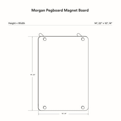 Technical line drawing of the Morgan Magnet Board showing dimensions for height and width with corner mounting holes for wall installation.