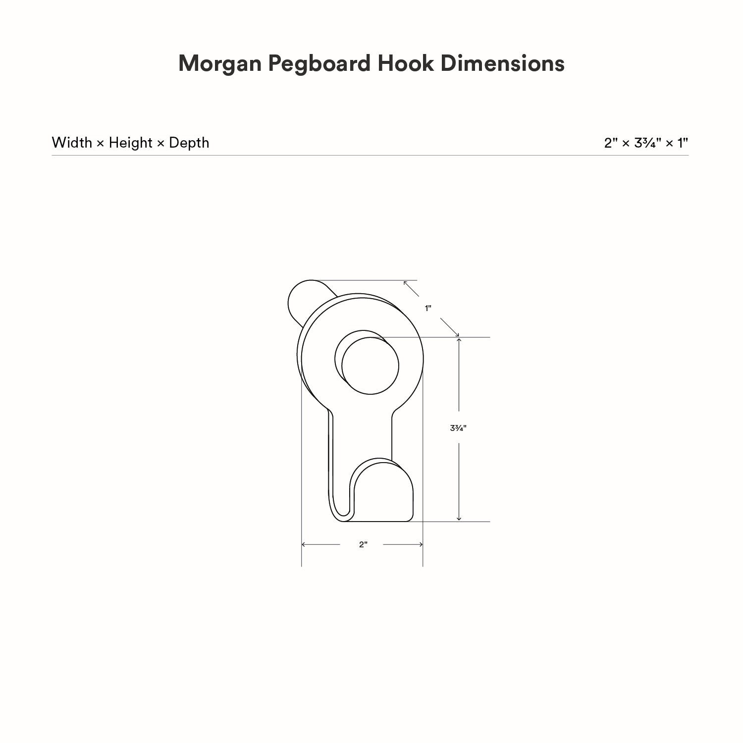 Technical line drawing showing dimensions of the Morgan Pegboard Hook, highlighting its compact minimalist design ideal for wall hooks and organization.
