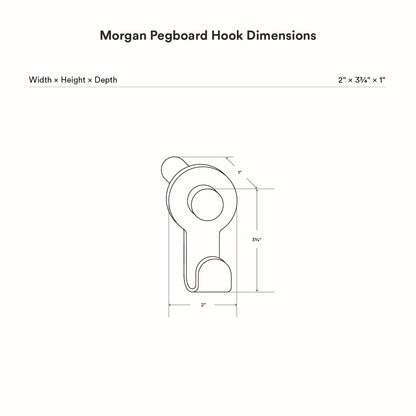Technical line drawing showing dimensions of the Morgan Pegboard Hook, highlighting its compact minimalist design ideal for wall hooks and organization.