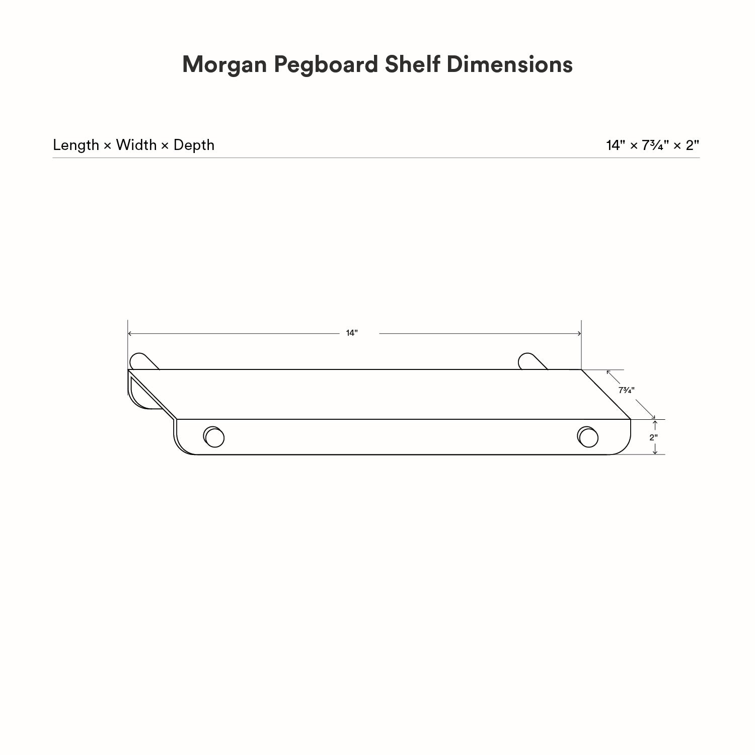 Technical line drawing of the Morgan Tray Shelf showing dimensions with minimalist, functional design ideal for organizing wall spaces using durable materials.