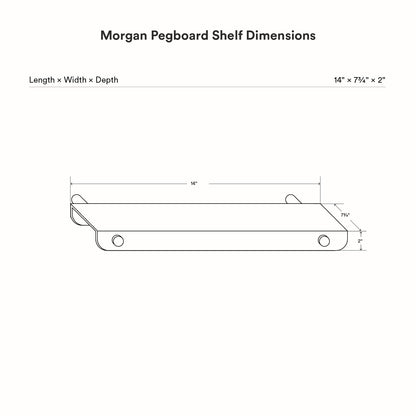 Technical line drawing of the Morgan Tray Shelf showing dimensions with minimalist, functional design ideal for organizing wall spaces using durable materials.