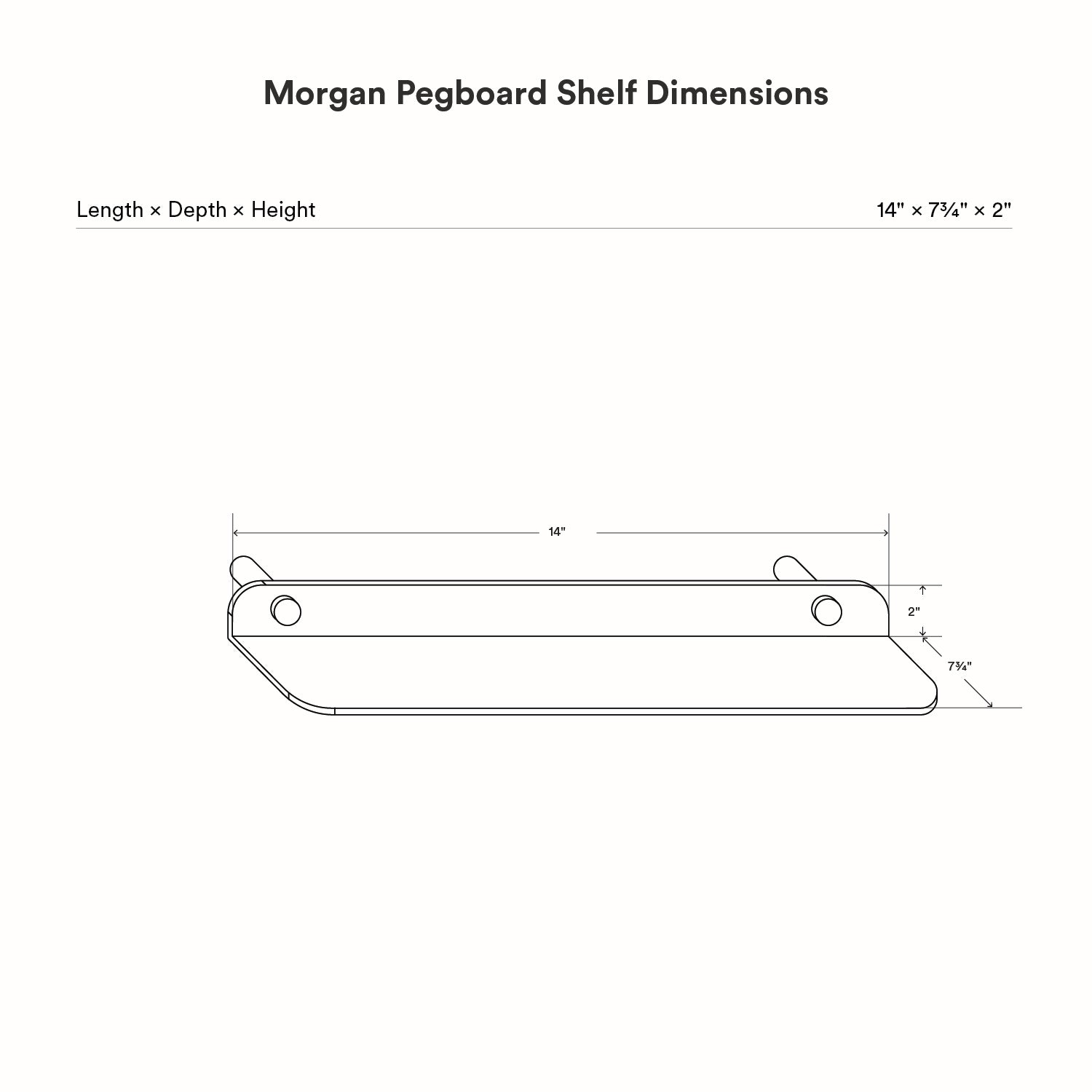 Technical line drawing of the Morgan Basic Shelf showing dimensions with length 14 inches, depth 7 3/4 inches, and height 2 inches, designed for minimalist wall display and organization.