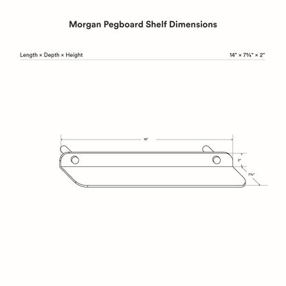 Technical line drawing of the Morgan Basic Shelf showing dimensions with length 14 inches, depth 7 3/4 inches, and height 2 inches, designed for minimalist wall display and organization.
