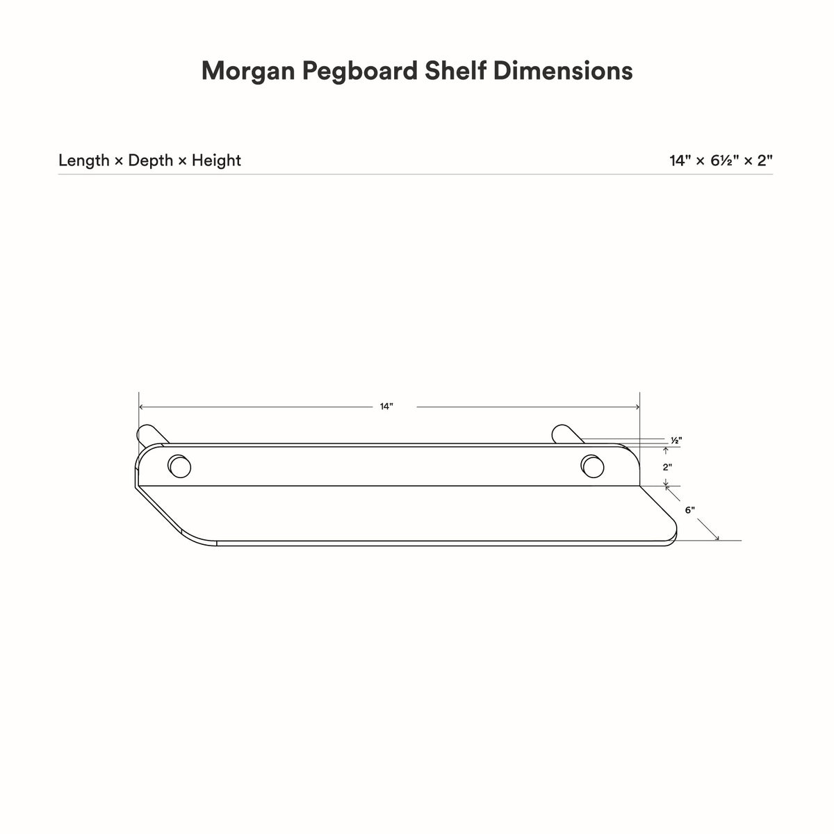 Morgan Magnetic Pegboard Basic Shelf technical drawing showing its slim shelf profile and mounting holes